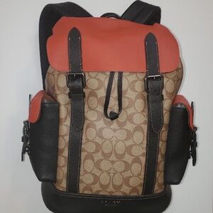 NWT COACH Signature Hudson Backpack in Colorblock Canvas Khaki/ Terracotta